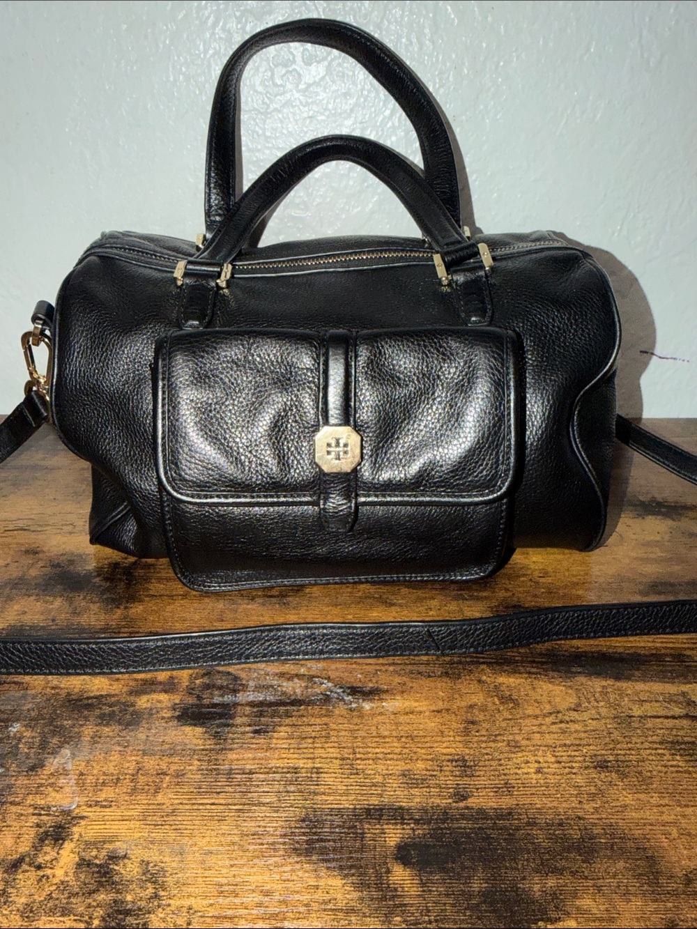 Tory Burch Black Pebbled Leather Clay Satchel